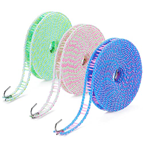 HISAFA 3-Pack Windproof Clothesline with Hooks – Super Strong and Durable, PE Material, 16ft – Ideal for Indoor/Outdoor Use & Travel