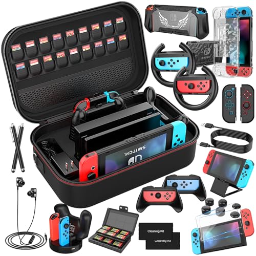 Switch Accessories Bundle 28 in 1 for Nintendo Switch, Mooroer Switch Gift Kit with Large Carrying Case, Dockable Protective Case, Screen Protector, Game Cards Case, Joycon Grip Cover, Earphone etc