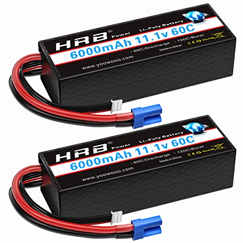 HRB 3S 6000mAh Lipo Battery with EC5 Connector 11.1V 60C Hard Case RC Lipo Battery Compatible with RC Car RC Airplane RC Truck RC Boat (2 Packs)