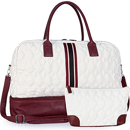 MyMealivos Canvas Weekender Bag, Overnight Travel Carry On Duffel with Shoe Pouch… (White)