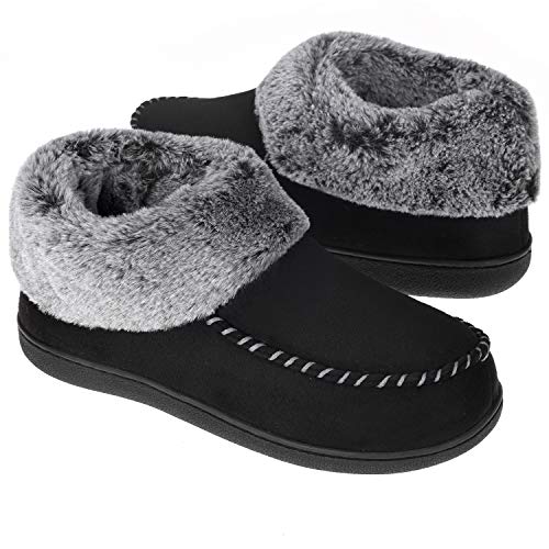 VONMAY Women's Bootie Slippers Suede Moccasin Boots Fuzzy Plush Faux Fur House Shoes Winter Warm Memory Foam Non-slip Indoor Outdoor, Black, Size 8