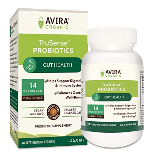 Avira Organic Trusense Probiotics Gut Health – Clinically Studied Strains, Helps Digestive, Immune System & Over All Well-Being, 60 Count DR Capsules, Shelf Stable, Non-GMO, Active Live Culture