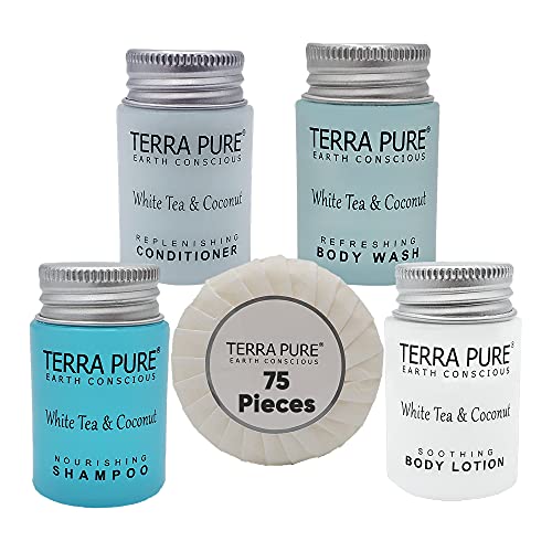 Terra Pure White Tea and Coconut Hotel Soaps and Toiletries Bulk Set | 1-Shoppe All-In-Kit for Hotels | 1oz Shampoo & Conditioner, Body Wash, Lotion & 1.25oz Bar Soap | Travel Size Toiletries 75 Pieces