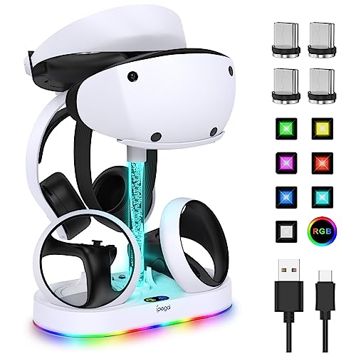 RGB Charging Station for PS VR2 Sense Controller, Charging Dock for PS5 Playstation VR2 Headset Display Accessories, Vertical Stand for PSVR2 with 15 Led Lights ＆ 4 Type-C Magnetic Adapters