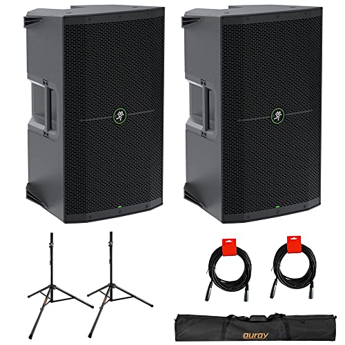 Mackie Thump212 1400W 12' Powered PA Loudspeaker System (Pair) Bundle with Auray SS-47S-PB Steel Speaker Stands, Carrying Case, and 2X 20 XLR-XLR Cable