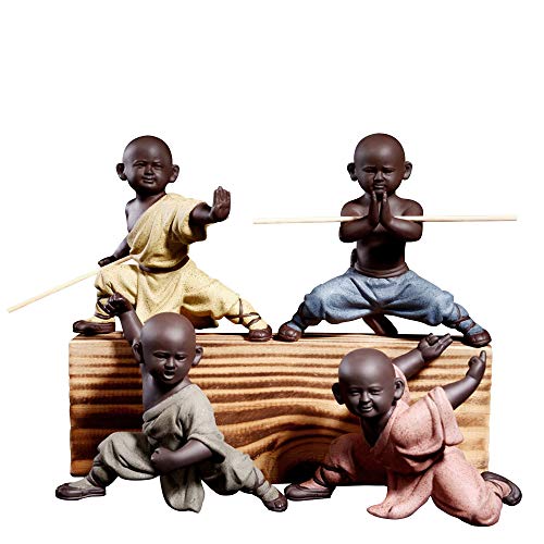 Kingzhuo Ceramic Cute Buddha Statue Adorable Monk Figurines Delicate Chinese Four Style Kung Fu Monks Set of 4 Monk Sculptures for Home Decor Tabletop Display Ornaments Decoration 4.7in in Height