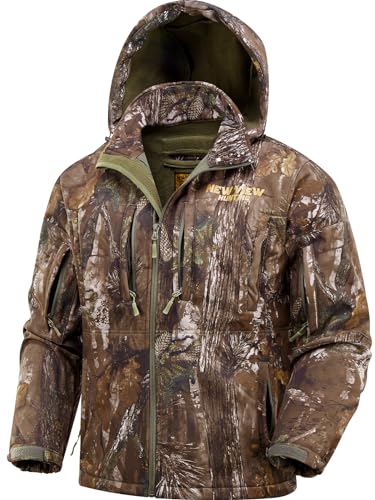 NEW VIEW Camo Hunting Jackets for Men, Warm Fleece Lined Hunting Jacket with Hood, Quiet Water Resistant Hunting Clothes