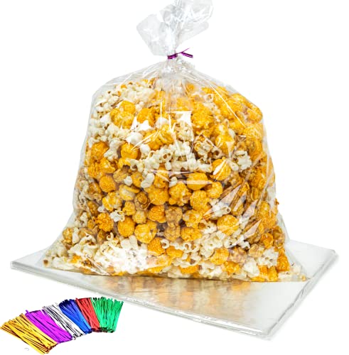 TATTI 100 Pack Clear Plastic Large Cellophane Bags 12x16 With 4inches Twist Ties, Plastic Cello Bags 1.4 mils for Cookies Candy Gift Birthday Party Favor (Pack of 100)