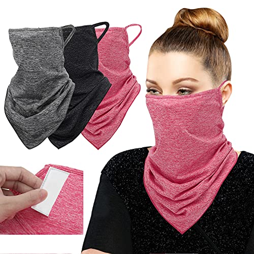 MoKo Scarf Mask Bandana with Ear Loops 3 Pack, Neck Gaiter Balaclava with Filter Pocket UV Sun Protection Face Mask for Dust Wind Motorcycle Cycle Bandana Headband for Women Men, Magenta/Black/Gray