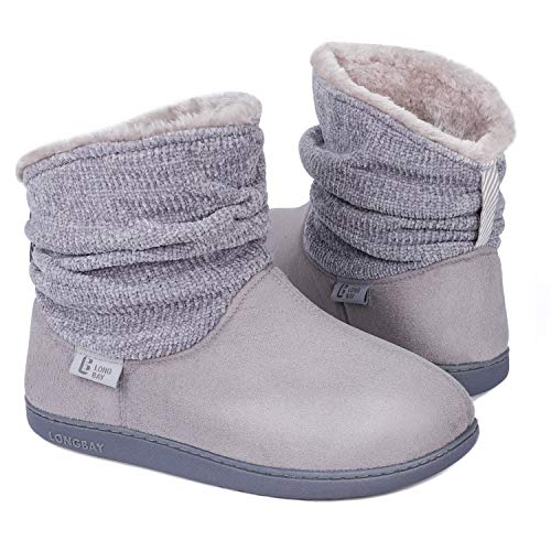 Longbay Women's Warm Chenille Knit Bootie Slippers Memory Foam Comfy Suede Fluffy Faux Fur Memory Foam Boots House Shoes (Medium / 7-8, Gray)