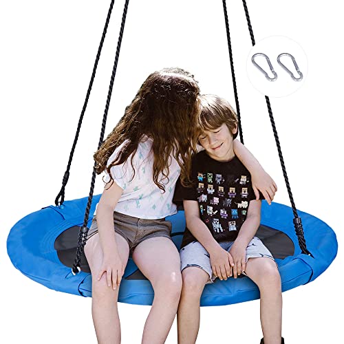 SUPER DEAL 40 Inch Blue Saucer Tree Swing Set for Kids Adults 800lb Weight Capacity Waterproof Flying Swing Seat Textilene Fabric with Adjustable Hanging Ropes for Outdoor Playground, Backyard