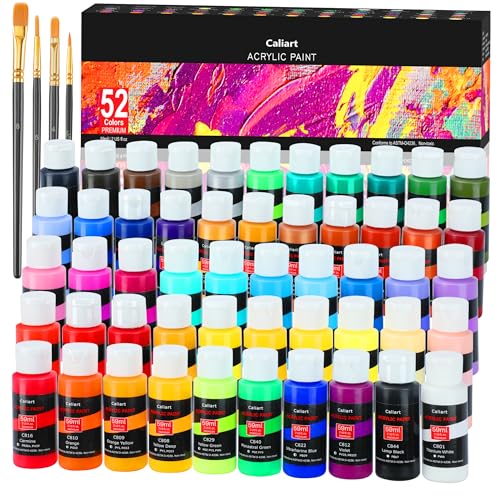 Caliart Acrylic Paint Set With 4 Brushes, 52 Colors (59ml, 2oz) Art Craft Paints for Artists Kids Adults, Aesthetic Cute Preppy Stuff School Supplies, Canvas Ceramic Wood Rock Painting Supplies Kit , Mothers Day Gift for Mom