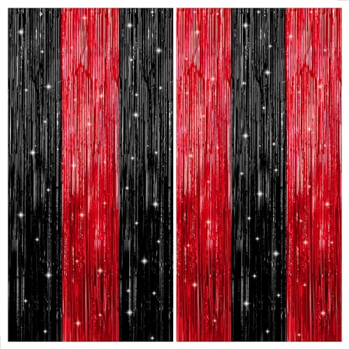 KatchOn, Red and Black Fringe Curtain - Pack of 2 XtraLarge, 3.2x8 Feet | Red and Black Backdrop Curtain for Red and Black Party Decorations | Sneaker Ball Decorations | Casino Theme Party Decorations