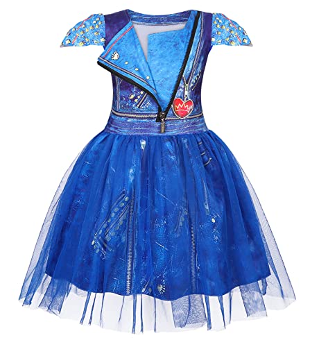 AmzApparel Descendants 3 Evie Costumes for Girls Dragon Popular Musical Cosplay Dress Up Kids Princess Fancy Dresses Halloween Outfits Size 4T (7-8 Years, Blue, 130)