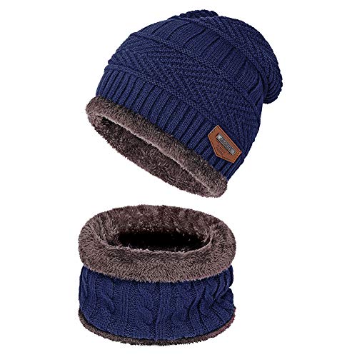 Warm Winter Beanie Hat & Scarf Set Stylish Knit Skull Cap for Men Women (02 Blue)