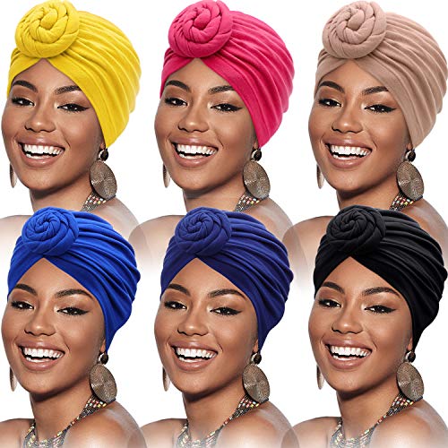 SATINIOR 6 Pieces Women African Turban Flower Knot Pre-Tied Bonnet Beanie Cap Headwrap (Black, Royal-Blue, Rosy, Camel, Navy, Yellow)