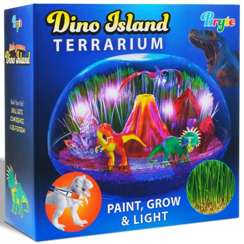 Bryte Dinosaur Light Up Terrarium Kit for Kids | Create a Dino Habitat with Real Plants, Figurines, Volcano & LED Lights | DIY Science Kit, STEM Activities, Arts and Crafts for Kids Aged 8-12 Years