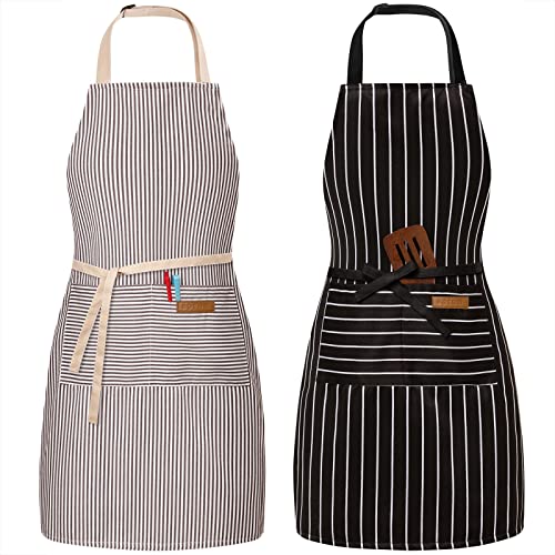 BeLuyi 2 Pack Adjustable Bib Apron with 2 Pockets Chef Cooking Kitchen Restaurant Aprons for Women Men (Black/Brown Stripes)
