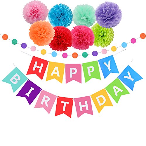 Happy Birthday Decorations Banner With Tissue Pom Poms For Rainbow Birthday Party Supplies