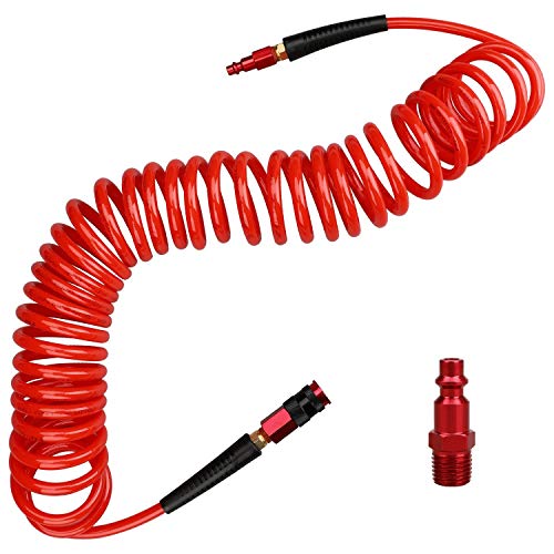 Hromee 1/4 in x 25 ft Polyurethane Recoil Air Hose with Bend Restrictors Compressor Hose with 1/4' Industrial Universal Quick Coupler and I/M Plug Kit, Red