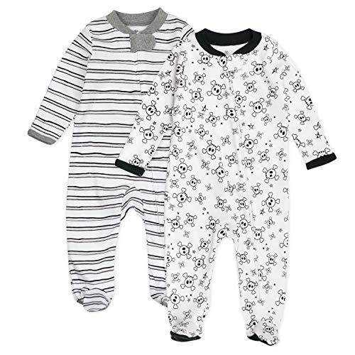 HonestBaby 2-Pack Sleep and Play Footed Pajamas One-Piece Sleeper Jumpsuit Zip-Front PJs Organic Cotton for Baby Boys, Unisex, Tossed Skulls/Sketchy Stripe, Newborn