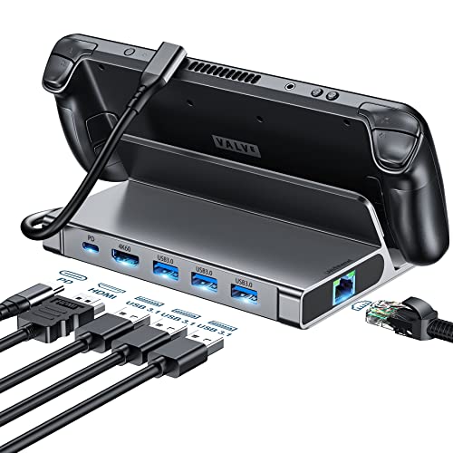 Docking Station for Steam Deck, 6-in-1 Steam Deck Dock Stand with HDMI 2.0 4K@60Hz, Gigabit Ethernet, 3 USB-A 3.0 and Full Speed Charging USB-C PD Port Compatible with Valve Stream Deck//ROG Ally