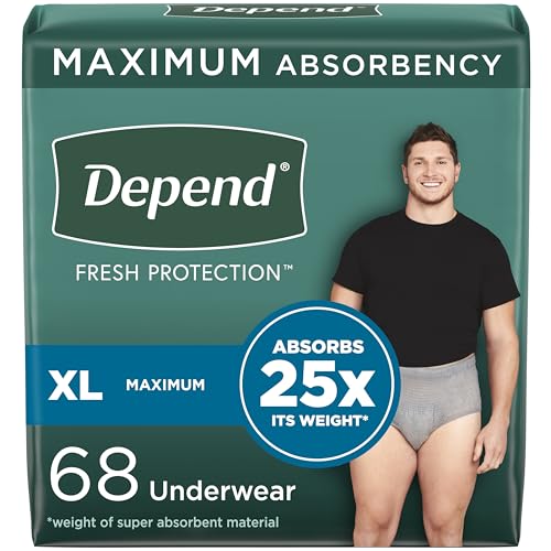 Depend Fresh Protection Adult Incontinence Underwear for Men (Formerly Depend Fit-Flex), Disposable, Maximum, Extra-Large, Grey, 68 Count (2 Packs of 34), Packaging May Vary