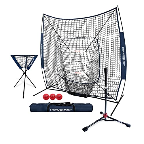 PowerNet 7x7 DLX Practice Net + Deluxe Tee + Ball Caddy + 3 Pack Weighted Ball + Strike Zone Bundle | Baseball Softball Coach Pack | Pitching Batting Training Equipment Set | 7' x 7' (Navy)