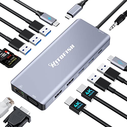 USB C Laptop Docking Station, 14 in 1 Type C Hub Multiport Adapter Dongle with 3 Monitors Compatible for MacBook/Dell/HP/Lenovo Laptops (Dual HDMI, VGA, PD, Ethernet, SD/TF, USB C/A Ports, Mic/Audio)