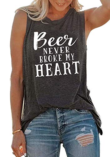MEETSKY Beer Never Broke My Heart Tank Tee Women Letter Print Funny Saying Racerback Casual Summer Vacation Tshirt Beer Tank Camis (Medium, Grey)