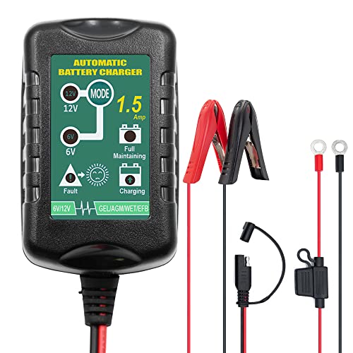 Unocho 6V 12V Battery Charger 1.5A Automatic Smart Charger Battery maintainer trickle ,Float Charger for auto car Motorcycle Lawn Mower Boat Snowmobile