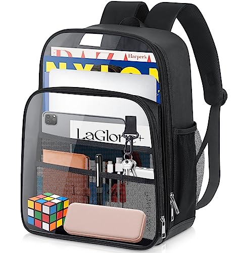 KETIEE Clear Backpack Heavy Duty, Stadium Approved TPU & Leather Transparent Backpacks for Adults with Trolley Sleeve, Large Waterproof Clear Book Bag for School Travel Work Sports Concerts (Black)