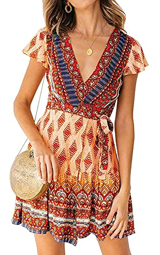 ZESICA Women's 2023 Summer Wrap V Neck Bohemian Floral Print Ruffle Swing A Line Beach Mini Dress,Orange,Large