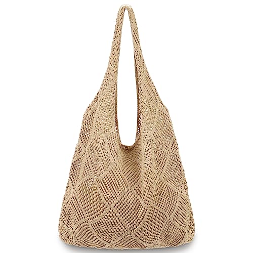 hatisan Crochet Bags for Women Summer Beach Tote Bag Aesthetic Tote Bag Hippie Bag Knit Bag (A-Khaki)