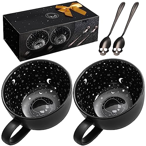 Taruzil 2Pack Midnight Skull Large Coffee Mugs with Spoons, Halloween Spooky Witchy Gothis Decor Cool Novelty Tea Cups, Christmas Birthday White Elephant Gifts for Women Men Friends