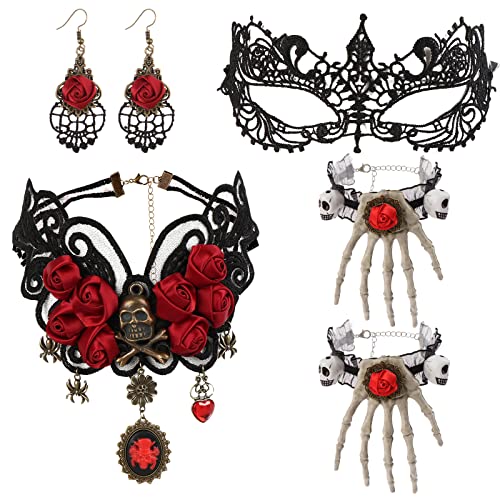 Oppaxf Vintage Punk Gothic Style Choker, Gothic Choker, Choker Necklace Earrings Set Lace Masquerade Mask, Goth Gothic Steampunk Lace Choker Vampire Jewelry for Halloween Costumes Party Accessory