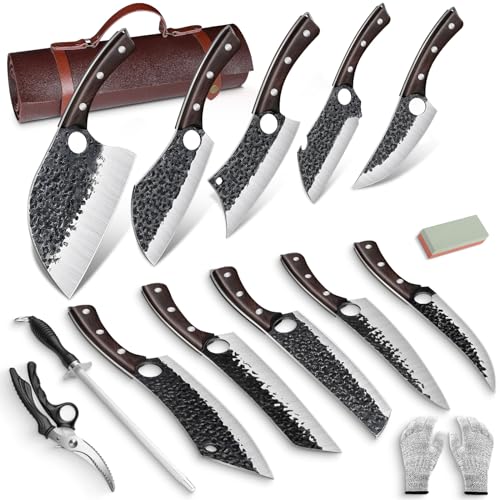 DRGSKL Serbian Chef Knife Set, Hand Forged Butcher Knife Set with Knife Bag, High Carbon Steel Kitchen Knife Set Meat Cleaver Boning Knife Viking Knife for Brisket Trimming, Christmas Gifts