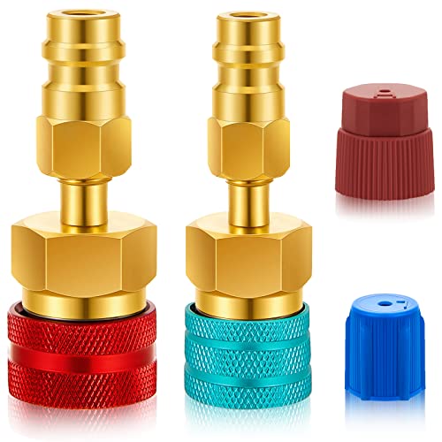 Quick Couplers Kit, R1234YF to R134A Conversion Kit, Blue and Red High Low Side R1234YF Adapters Hose Fitting Connectors for R1234YF Car Air Conditioning System Evacuation Recharging