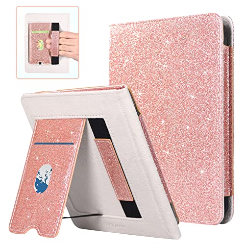 DMLuna Kindle Paperwhite Case, Fits 11th Generation 2021, 6.8”, Hands Free Stand Smart Protective Durable Premium PU Leather Cover with Auto Sleep Wake, Hand Strap, Card Slot, Glitter Rose