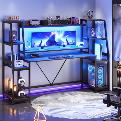 SEDETA Gaming Desk 78.8'' with LED Lights, Hutch and Storage Shelves, Computer Desk with Monitor Stand, Large PC Gamer Desk Workstation, Ergonomic Gaming Table for Bedroom, Living Room, Black