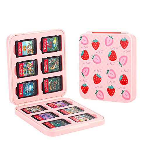 FANPL Game Case Holder for Nintendo Switch/ OLED/ Lite,12 Game Card and 12 Micro SD Card Slots Portable Storage Case for Switch, Cute Switch Cartridge Box with Hard Shell & Soft Liner-Pink Strawberry