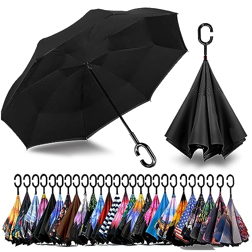 SIEPASA 49/56 Inch Inverted Reverse Upside Down Umbrella, Extra Large Double Canopy Vented Windproof Waterproof Stick Golf Umbrellas with C-shape Handle.(Black, 56 Inch)