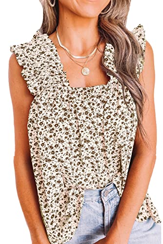 PRETTYGARDEN Womens Blouse Sleeveless Boho Floral Tank Tops Summer Casual Sleeveless Shirts Tops Pleated Smocked Tank T Shirts (White, Medium)