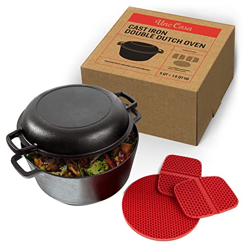Uno Casa 2in1 Cast Iron Dutch Oven Large - 5 Quart Dutch Oven Pot with Lid, Pre-Seasoned Dutch Oven for Bread Baking, Heavy Duty Cast Iron Pot with Frying Pan