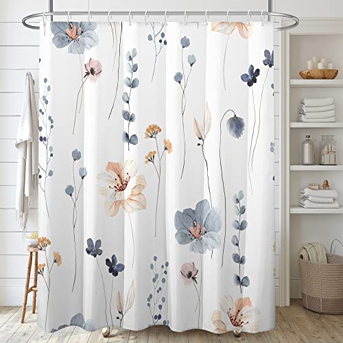 Decoreagy Watercolor Floral Shower Curtain Sets,Blue Beige Flowers Bathroom Curtains,Modern Minimalist White Bath Curtain, Waterproof Fabric with 12 Hooks 72x72 Inches