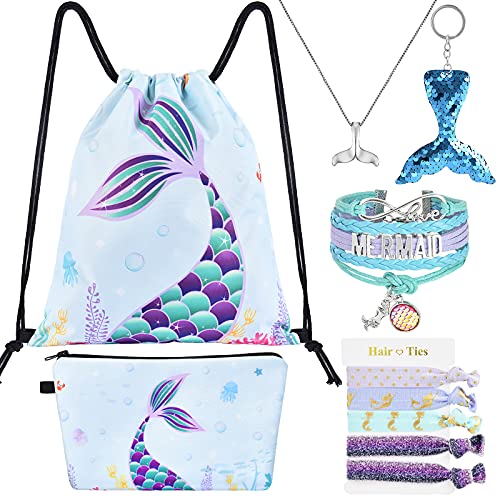 WERNNSAI Mermaid Drawstring Backpack - Mermaid Gifts for Girls Birthday Christmas 9 PCS Drawstring Bags Set Including Makeup Zipper Bag Sequin Key-chain Necklace Bracelet Hair Ties