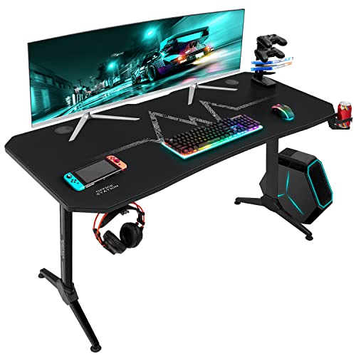 Furmax Gaming Desk T-Shaped Pc Computer Table with Carbon Fiber Surface Free Mouse Pad Home Office Desk Gamer Table Pro with Game Handle Rack Headphone Hook and Cup Holder (Black, 55 Inch)