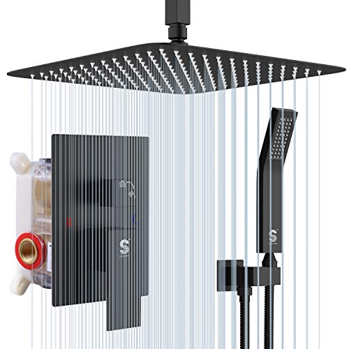 SR SUN RISE 12 Inch Ceiling Mount Matte Black Shower System Bathroom Luxury Rain Mixer Shower Combo Set Ceiling Rainfall Shower Head System Faucet Trim Repair Kits Rough-in Valve and Trim Included