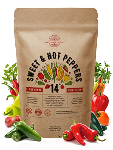 Organo Republic 14 Sweet & Hot Peppers Seeds Variety Pack 700 Seeds Non-GMO Peppers Seeds for Outdoor & Indoor Home Gardening Anaheim Jalapeno Habanero Cayenne Serrano Poblano Cubanelle Pepperoncini
