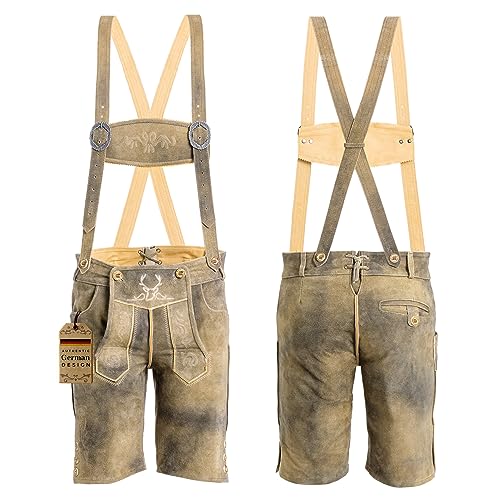 BAVARIA TRACHTEN Lederhosen Men - Authentic Bavarian Oktoberfest Costume (Outfits) - 100% Real Genuine Leather, Traditional German Mens Lederhosen for Octoberfest - Mushroom Brown - Short - US 32
